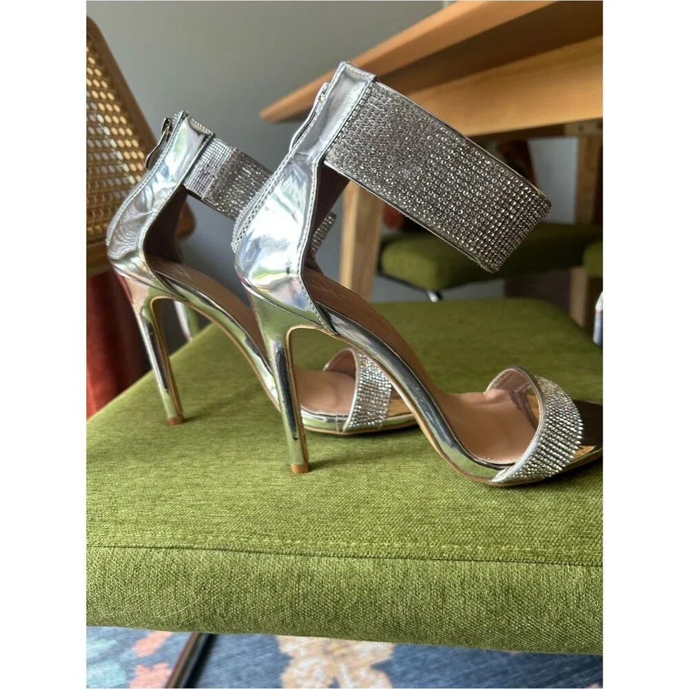 Windsor Silver Rhinestone Ankle-Strap Heels Size 8